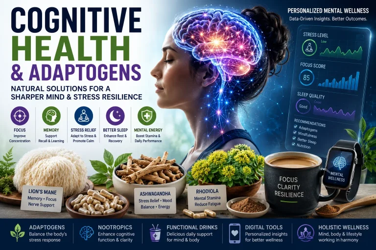 Brain health illustration featuring adaptogens including lion's mane, ashwagandha, rhodiola, nootropics, stress management, and cognitive performance optimization.