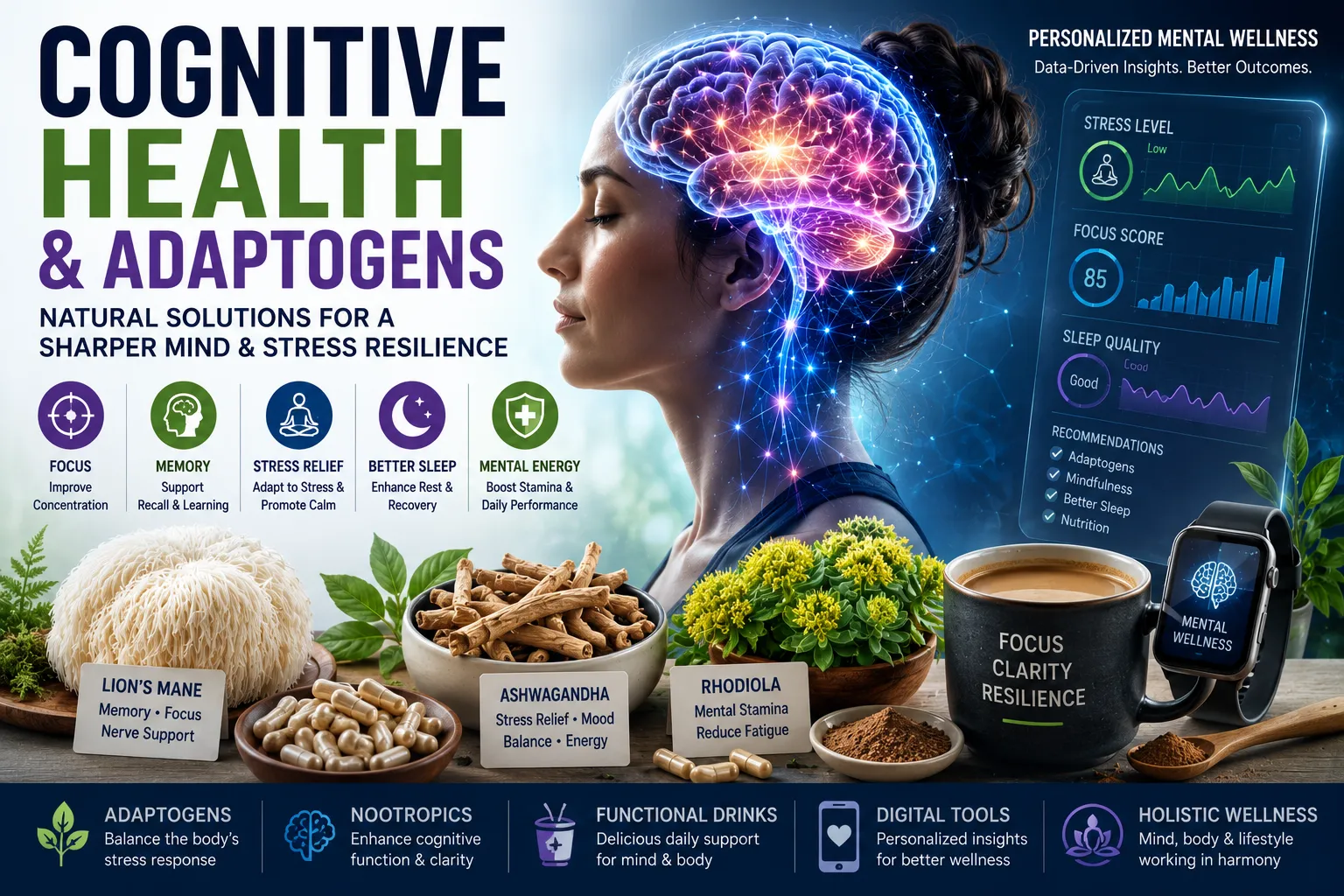 Brain health illustration featuring adaptogens including lion's mane, ashwagandha, rhodiola, nootropics, stress management, and cognitive performance optimization.