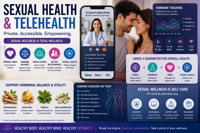Telehealth consultation, hormone tracking, sexual wellness, hormonal balance, digital healthcare platform, and modern preventive health services.