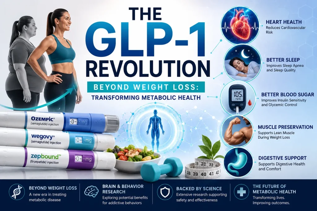 GLP-1 medications like Ozempic, Wegovy, and Zepbound improving weight loss, heart health, sleep apnea, and metabolic wellness