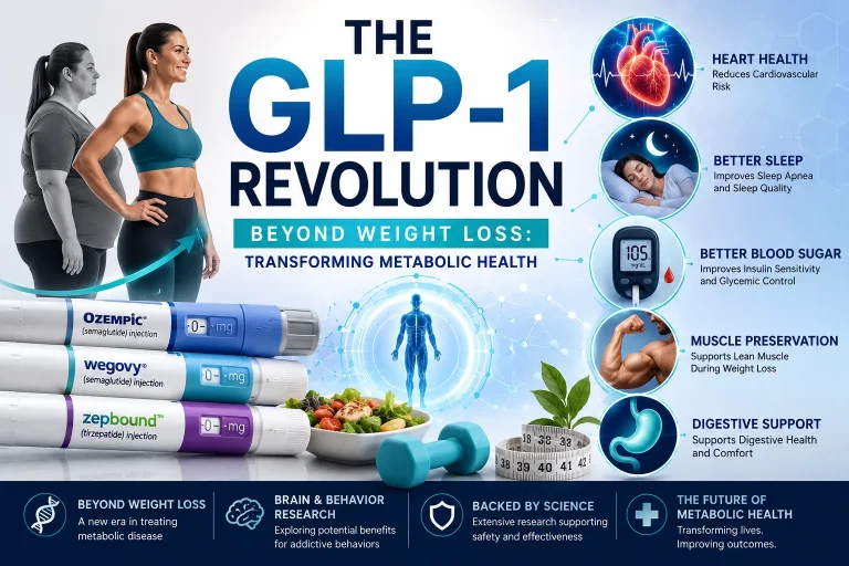 GLP-1 medications like Ozempic, Wegovy, and Zepbound improving weight loss, heart health, sleep apnea, and metabolic wellness