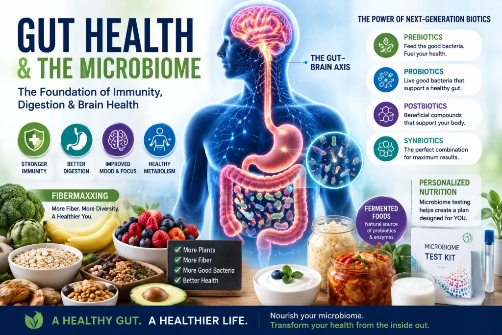 Illustration showing gut microbiome, digestive health, immune system support, probiotics, fiber-rich foods, and the gut-brain axis.