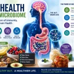 Illustration showing gut microbiome, digestive health, immune system support, probiotics, fiber-rich foods, and the gut-brain axis.